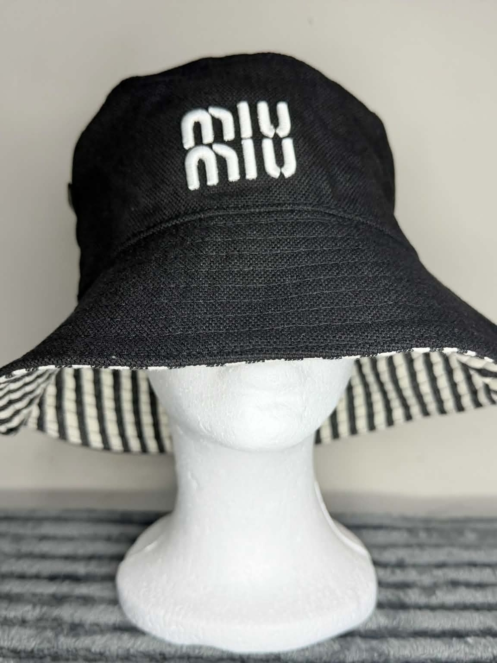 Miu Miu Kids Black Bucket Hat with Striped Lining
